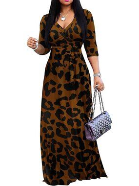 Plus Size Casual Summer Maxi Dress - Sexy Wrap V Neck, 3/4 Sleeve, Pockets